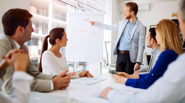 Sales employee presents something on a whiteboard