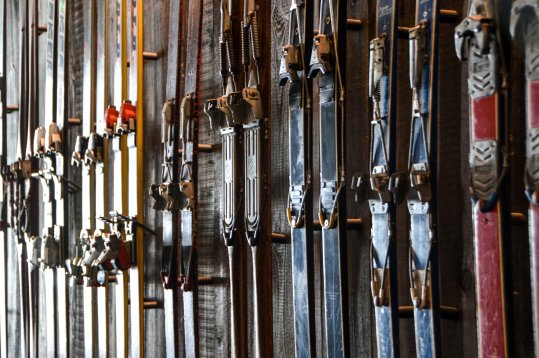 A selection of vintage skis and bindings A selection of vintage skis and bindings